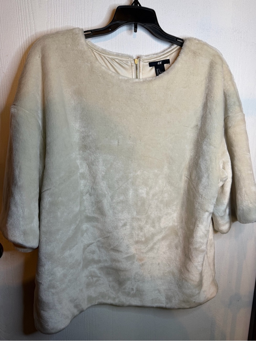 H&M Cream Plush Short Sleeve Faux Fur Top